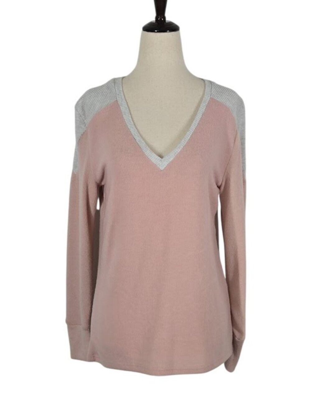 PROOF Women’s Medium Pink Gray Colorblock V-Neck Long Sleeve Sweater Top EUC